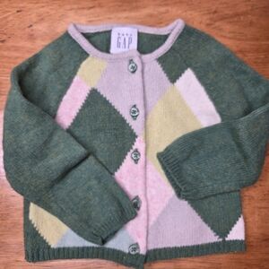 Baby Gap Vintage Sweater Green Argyle Buttons 6 To 12 Months